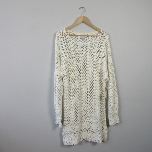 Jessica Roberts Crochet Vtg Y2K Tunic Dress L Ivory Open Knit Beach Boho 568 - Picture 1 of 11